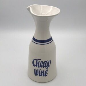 VTG Ceramic "Cheap Wine" 10-3/4" Carafe/Pitcher White w/ Blue Lettering